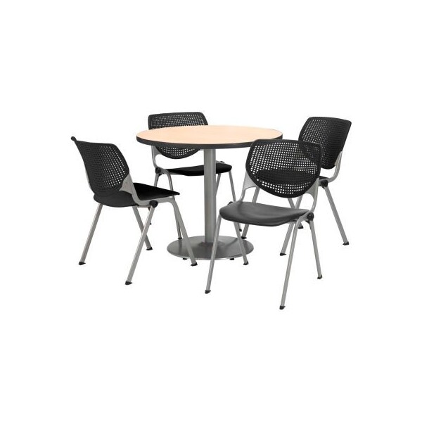 42" Round Dining Table & Chair Set, Natural Table With Black Plastic Chairs